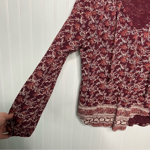 Lucky Brand Top Large Floral Red Multicolor V-neck Fall Long Sleeve Boho - Picture 4 of 7